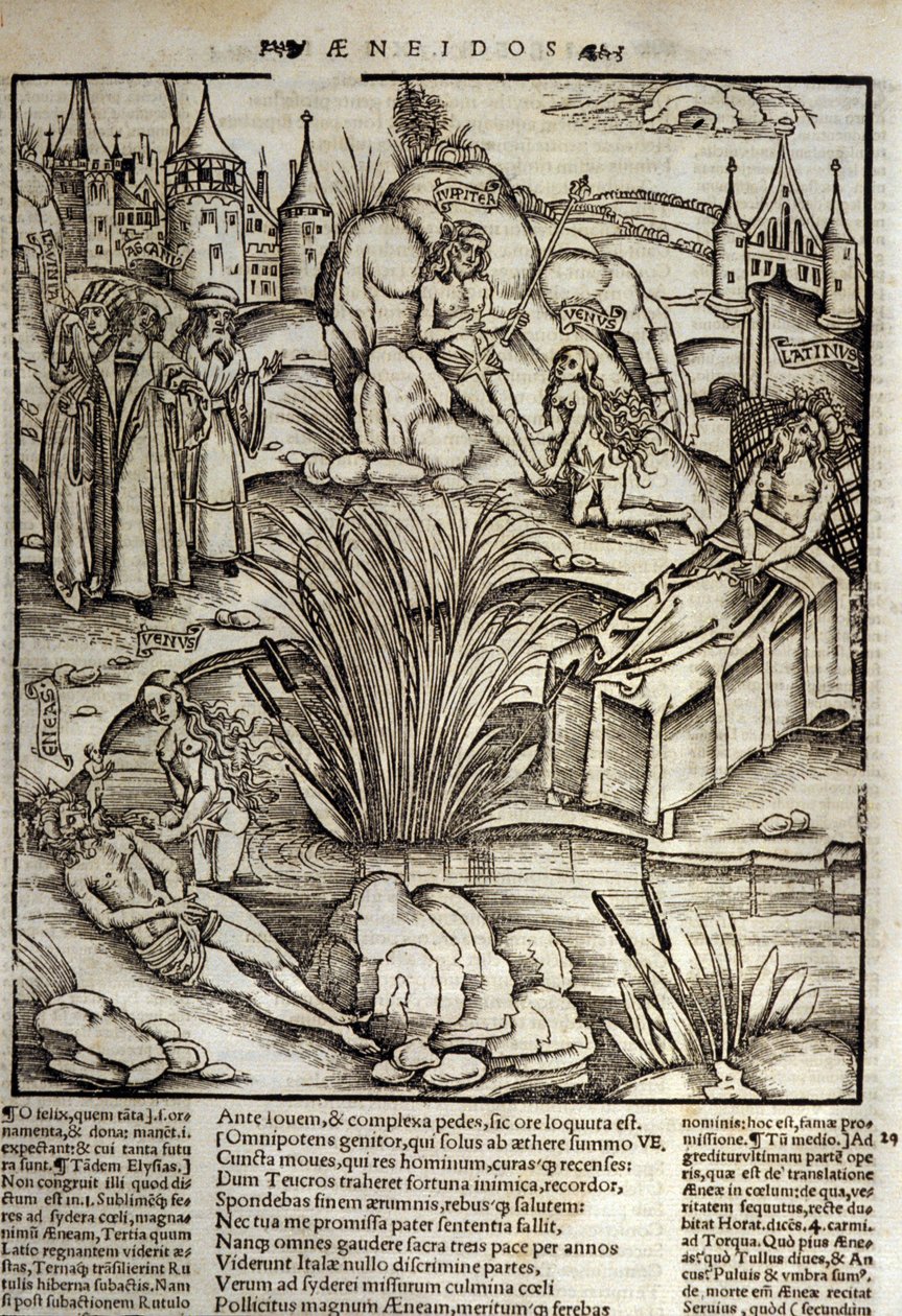 Énéide de Virgile (70 av. J.-C.-19 av. J.-C.), Livre XII, les héros troyens Énée est miraculeusement soigné par Vénus, il décide alors de prendre d