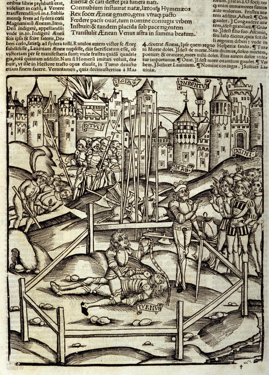 Énéide de Virgile (70 av. J.-C.-19 av. J.-C.), Livre XII, le héros troyen Énée tue Turnus dans une bataille sous les yeux des Latins et des Rutules. Xylographie de Sebastian Brant (1458-1521). Strasbourg - Unknown artist