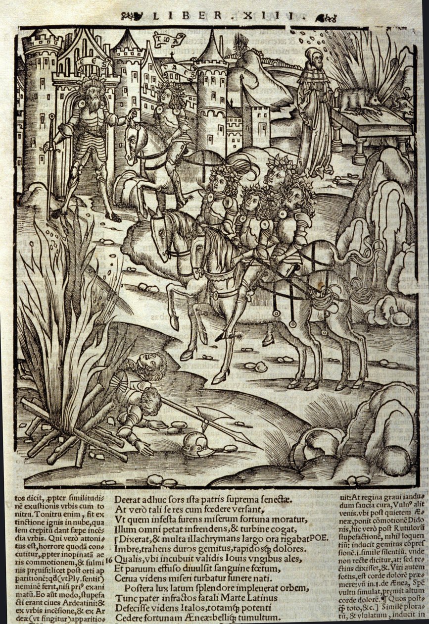 Énéide de Virgile (70 av. J.-C.-19 av. J.-C.), livre XIII (supplément), les héros troyens Énée reçoivent les Latins, des sacrifices sont faits en l