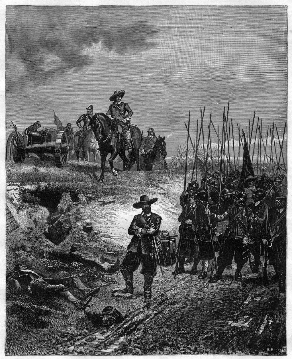 Guerres civiles anglaises : Oliver Cromwell (1599-1658) à la bataille de Marston Moor, 2 juillet 1644 - Les parlementaires ont vaincu les royalistes sous le prince Rupert. Gravure du 19e siècle - Unknown artist