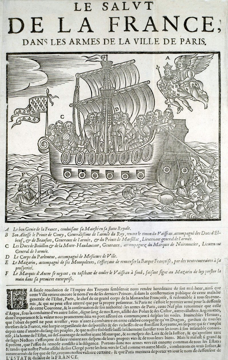 Gravure sur bois. Pamphlet politique Mazarinade : "Le salut de la France, dans les bras de la Ville de Paris" A - Le bon génie de la France, consumant sa majesté (Louis XIII) dans sa flotte royale, B - Prince de Conty, C - Duc de Bouillon et de la Motte-Ha - Unknown artist