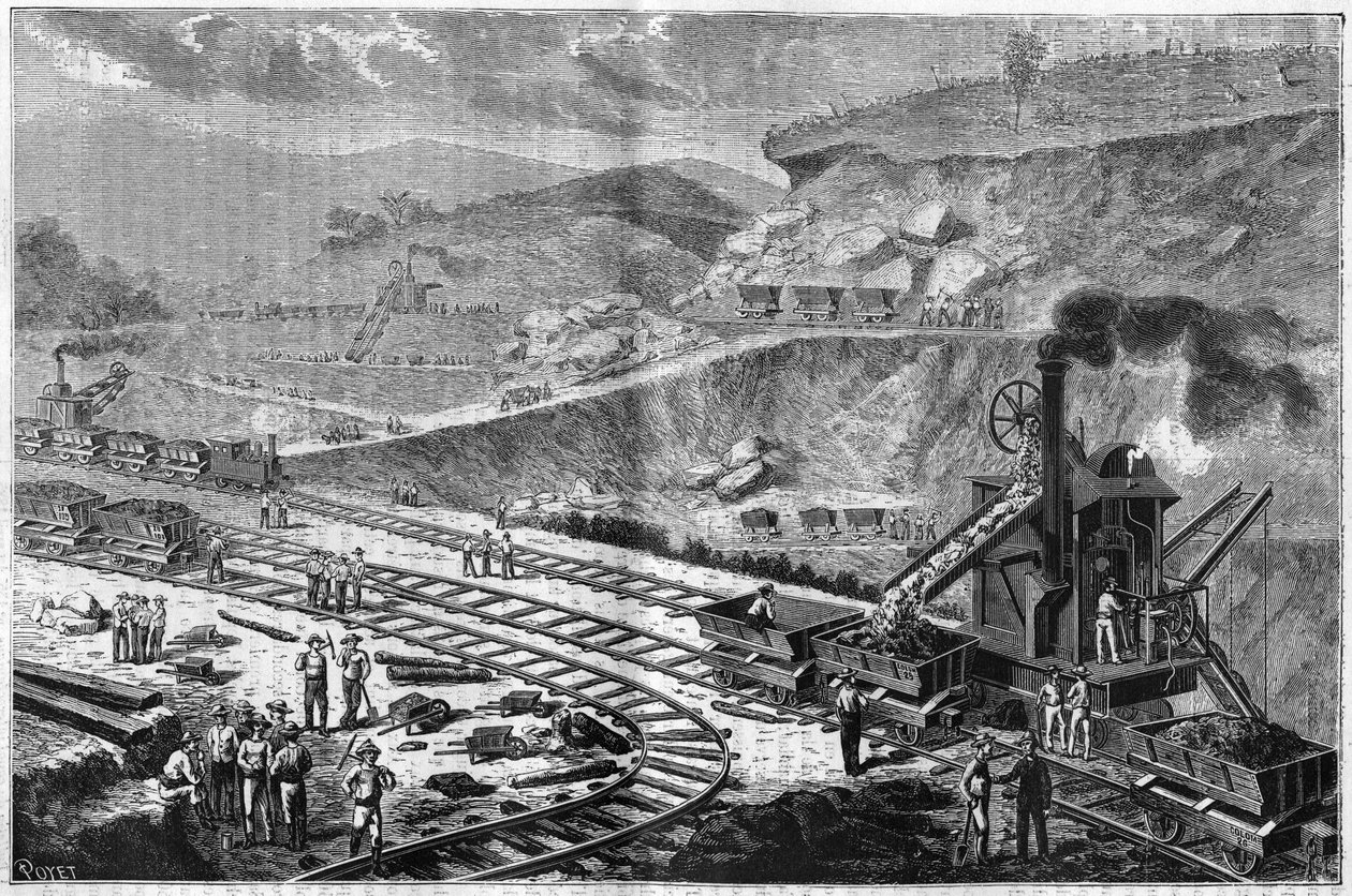 Gravure de 1885 montrant les travaux de percement de l