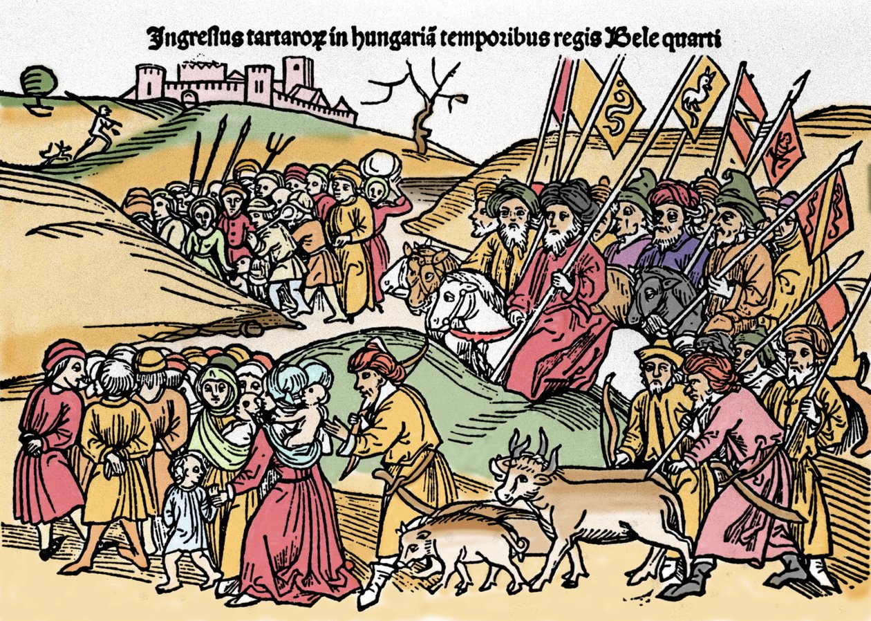 Entrée des Tartares en Hongrie sous le règne de Béla IV. Gravure de « Chronica Hungariae ». Biblioteca Marciana, Venise - Unknown artist
