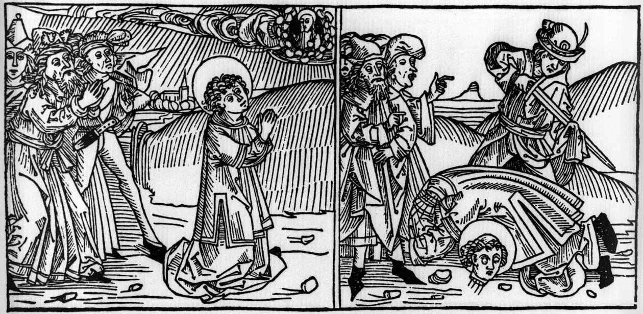 Épisode de la vie de Saint Donat (mort vers 355) Gravure de « Leben der Heiligen - sommerteil » (Le livre des saints) par Jacobus de Voragine (1228-1298). Lübeck 1488 - Unknown artist