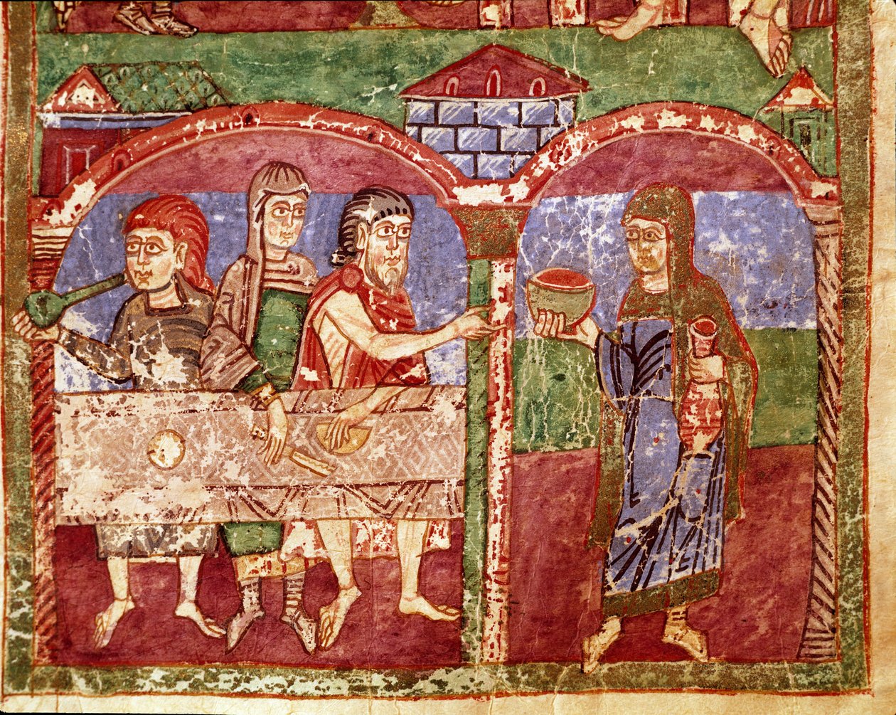 Épisode de la vie de Sainte Radegonde (Radegundis) de Poitiers (519-587), épouse de Clotaire Ier, roi des Francs : Radegonde lors de ses œuvres de charité sert à la table des pauvres. Miniature d