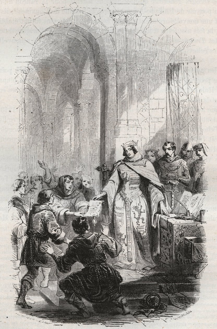 Ermesinde, comtesse de Luxembourg - Charte de poste accordée par Ermesinde Ière de Luxembourg aux habitants de Luxembourg en 1243 - Gravure de 1868 dans « Histoire de Belgique depuis les temps primitifs jusqu