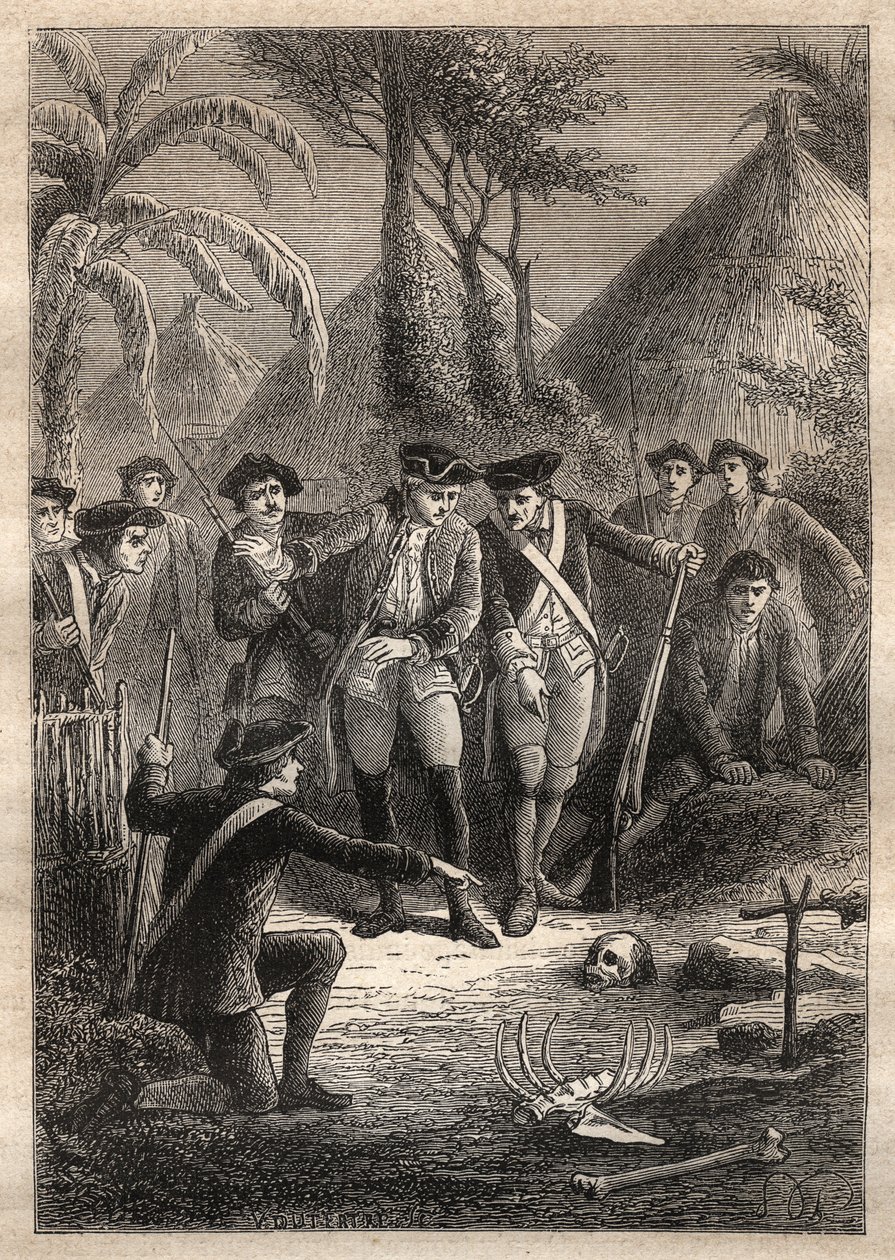Expédition de Nicolas Thomas Marion-Dufresne (Marion Dufresne) (1729-1772) : à la recherche de Marion et de leurs camarades disparus, les marins découvrent un crâne et des restes humains dans le village de Tacouri (île Matuaro, Nouvelle-Zélande) - illustra - Unknown artist