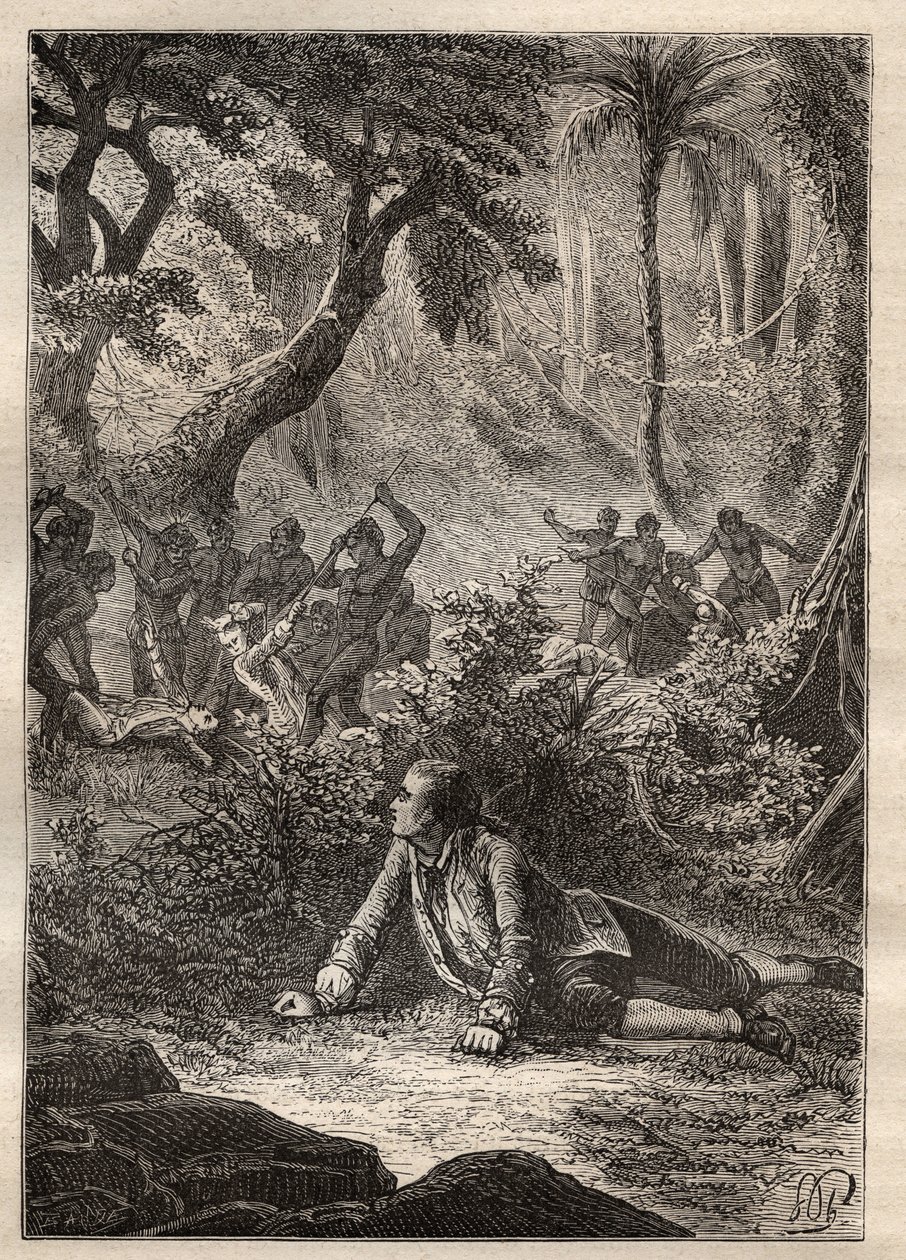 Expédition de Nicolas Thomas Marion-Dufresne (Marion Dufresne) (1729-1772) : le seul marin survivant témoigne du massacre de tous ses camarades, y compris Marion, par les indigènes de la baie des Assassins (île Matuaro, Nouvelle-Zélande) - illustration tir - Unknown artist