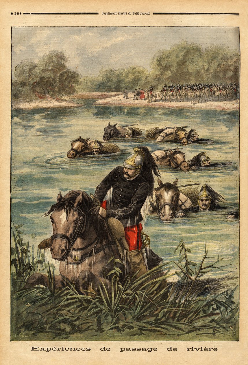 Expérience de passage de rivière par le 7e régiment de dragons à Fontainebleau. Gravure dans 