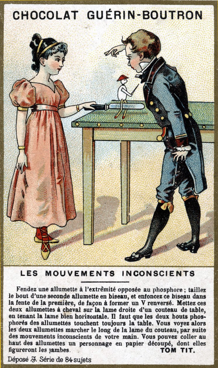 Expérience de deux enfants avec des allumettes et un couteau. Chromolithographie d