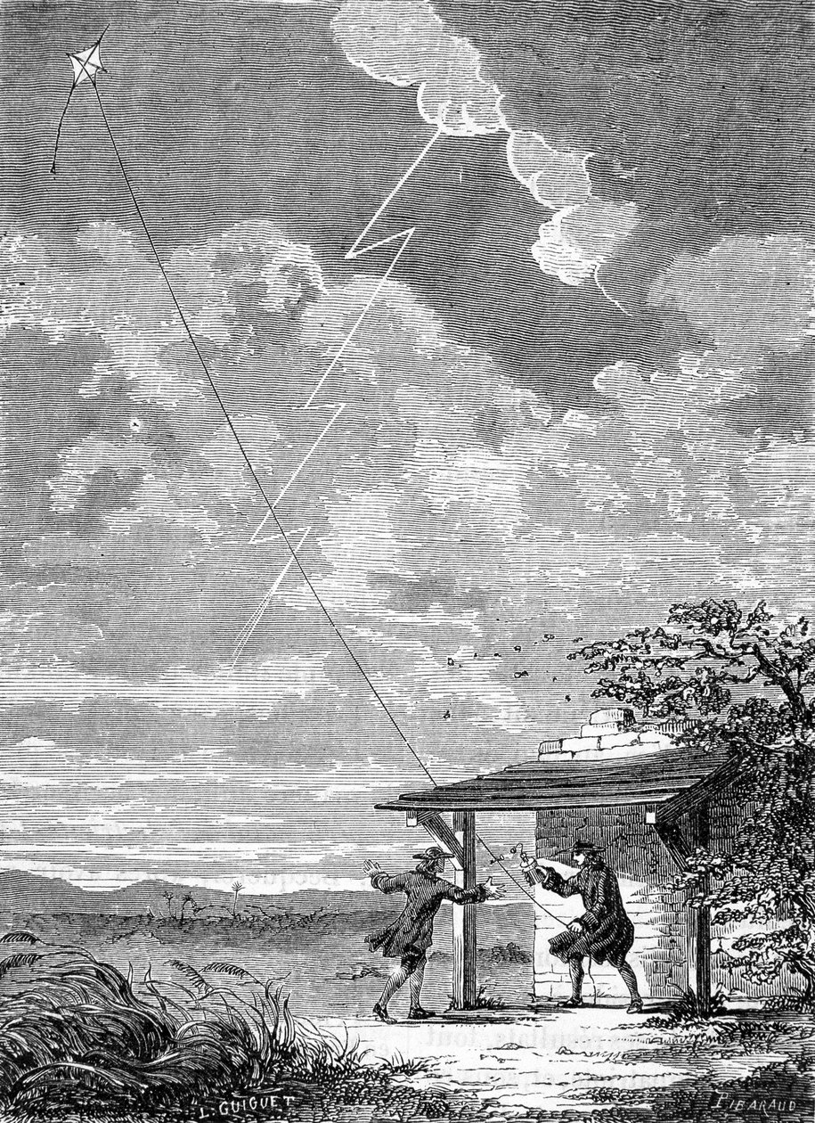 Expérience du cerf-volant électrique réalisée à Philadelphie par Benjamin Franklin, septembre 1752 - gravure - Unknown artist