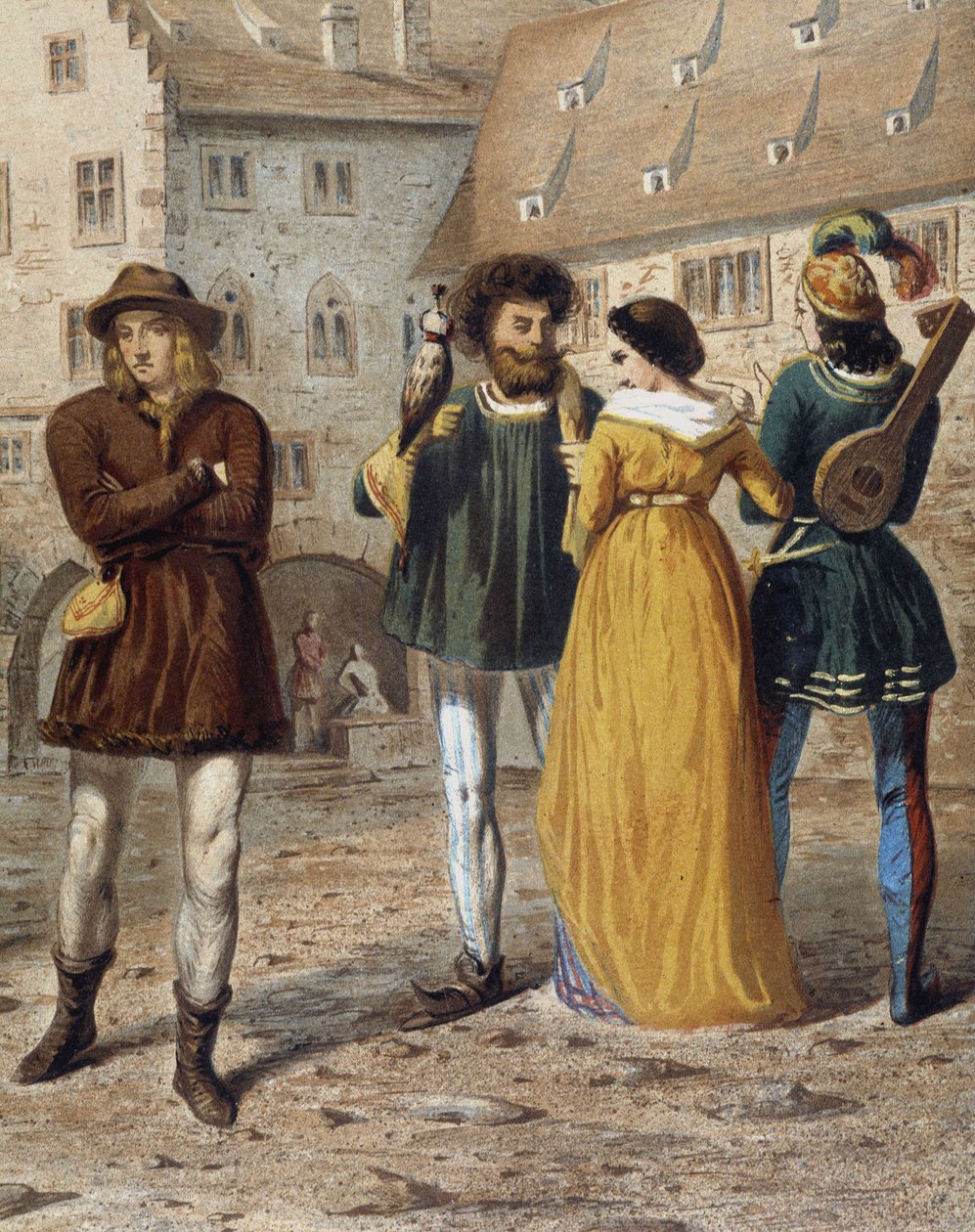 Fauconnier, dame et troubadour : scène de rue à Strasbourg au Moyen Âge - Unknown artist
