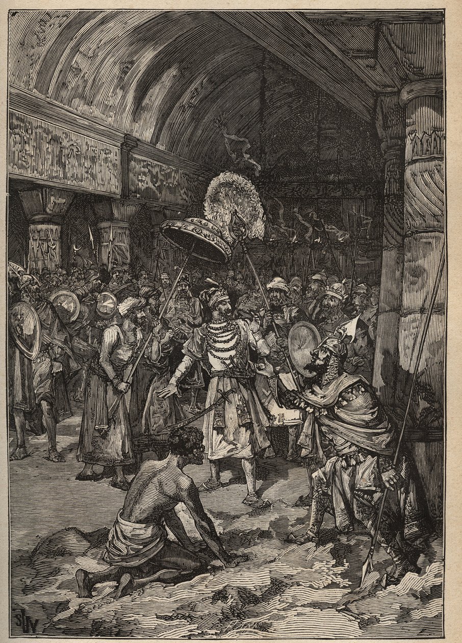 Diamants célèbres : le maharajah de Lahore, Ranjit Singh (1780-1839), prend possession du diamant Koh-i Nor (Koh-i-noor). Gravure de 1885 dans « Les arts et métiers illustrés » par Adolphe Bitard - Unknown artist