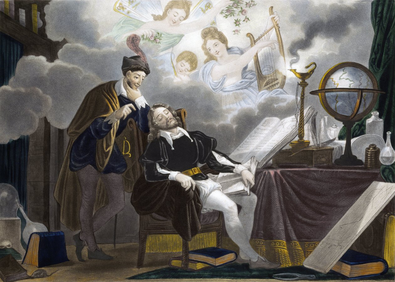Faust et Méphistophélès - Faust est tenté par Méphistophélès - gravure - Unknown artist