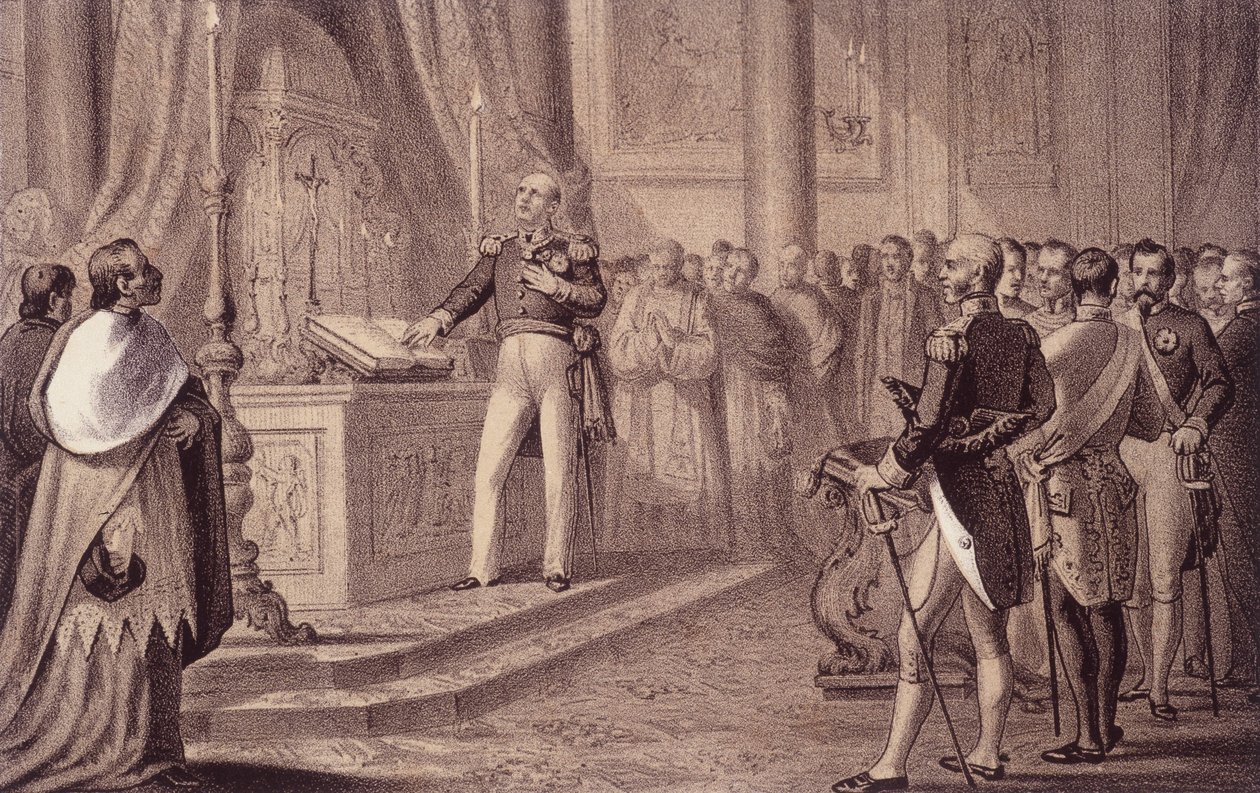 Ferdinand Ier de Bourbon ou Ferdinand IV (1751 - 1825), roi de Naples, inaugure la constitution de 1820 - dans « Storia d