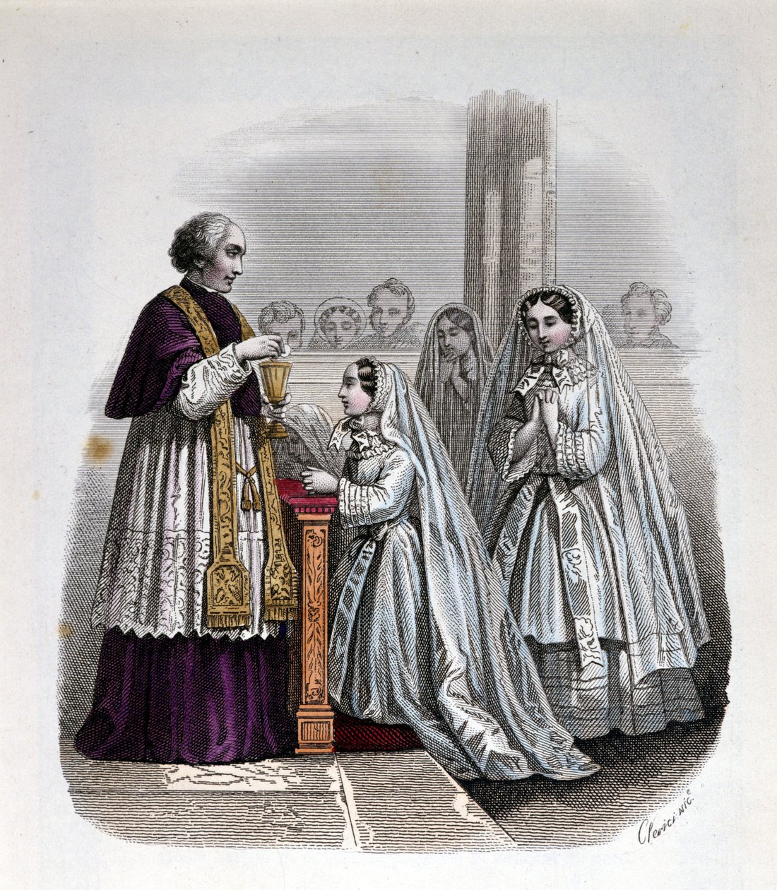 Scène de première communion, gravure - Unknown artist
