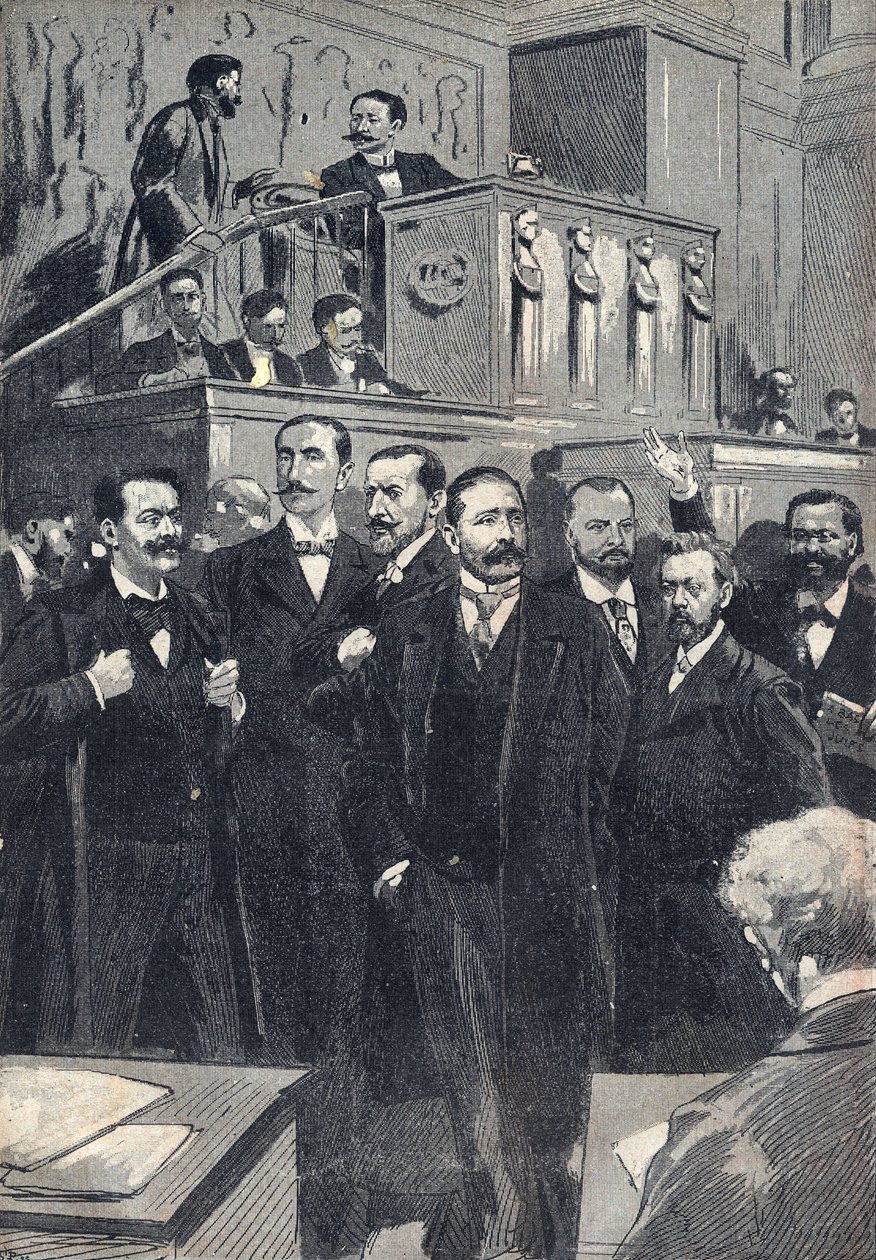 Première séance de la Chambre des députés élue en 1898 : Paul Deschanel, Président de la Chambre des députés. Paul Adolphe Granier de Cassagnac, Lucien Millevoye, Paul Déroulède, Jacques Piou, Eugène - Unknown artist