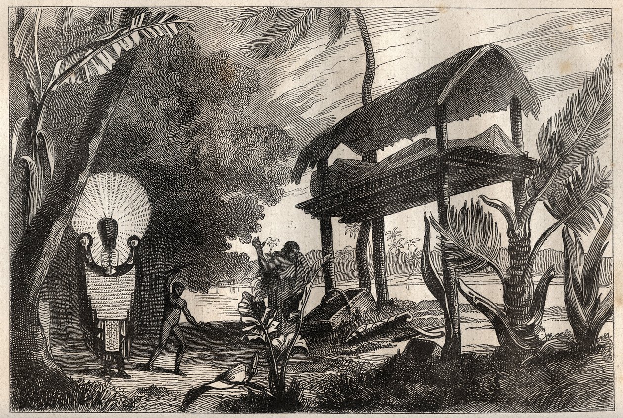 Premier voyage (1768-1771) du capitaine James Cook (1728-1779) : un fia-toka, bâtiment funéraire de Tahiti - illustration tirée de "Les grands marins du XVIIIe siècle" - Unknown artist