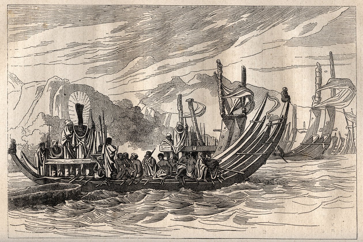 Premier voyage (1768-1771) du capitaine James Cook (1728-1779) : la flotte de Tahiti rassemblée à Oparee - illustration tirée de « Les grands marins du 18ème siècle » - Unknown artist