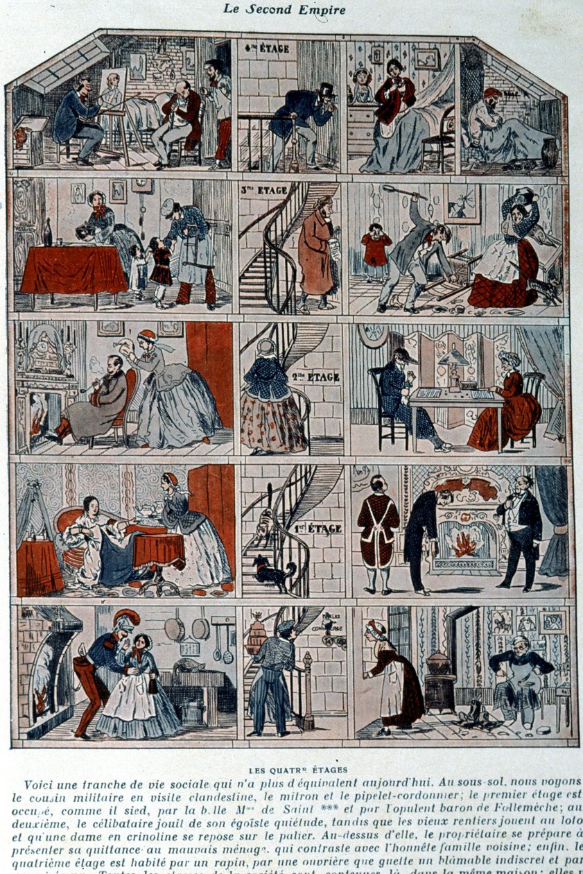 Cinq étages montrant les différentes classes sociales sous le second empire. Illustration représentée en coupe transversale d