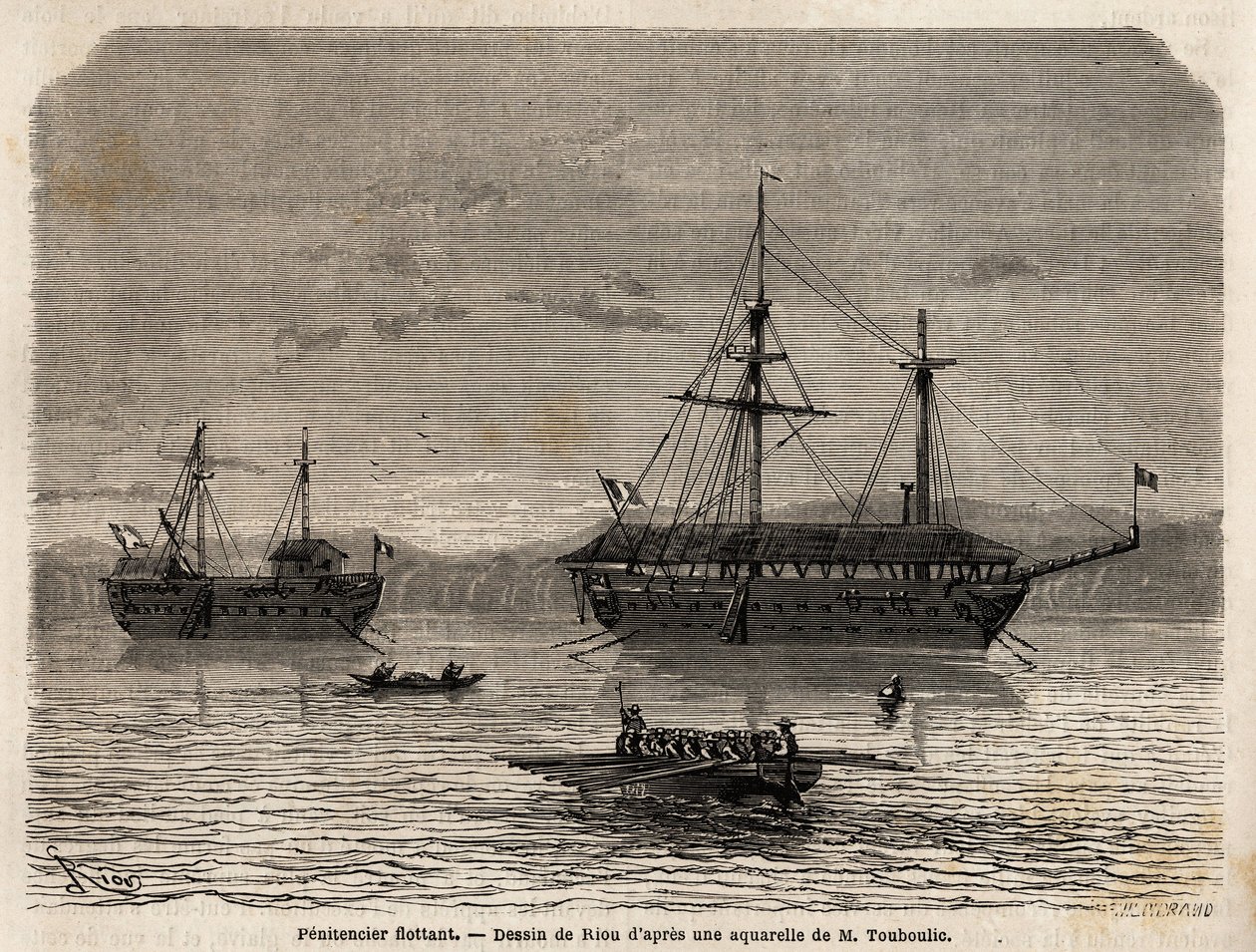 Pénitenciers flottants de Guyane française, une colonie dévolue à la captivité de ceux qui ont pris le contrôle des tribunaux et des hommes qui devaient rester. Gravure pour illustrer le voyage en Guyane française en 1862-1863, par Frédéric Bouyer, capitai - Unknown artist
