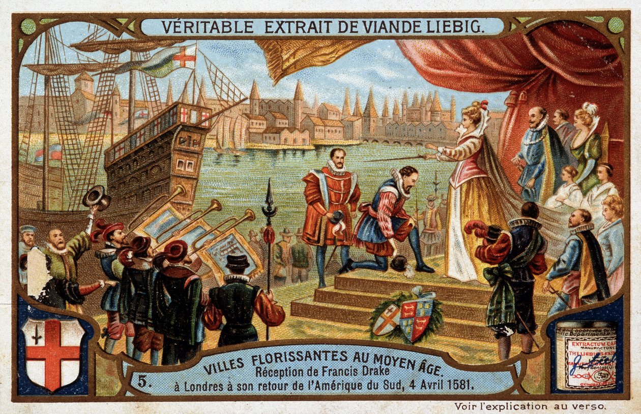 Villes florissantes du Moyen Âge : réception de Francis Drake (1542-1596) à Londres (Angleterre), à son retour d