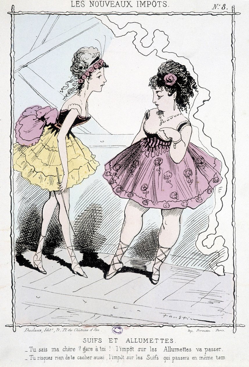 Suivis et allumettes : "Tu sais, chérie, méfie-toi, la taxe sur les allumettes va passer ! Tu ne la cacheras pas non plus, la taxe sur les suivis qui passera en même temps !" - caricature sur les "nouvelles taxes" - Unknown artist