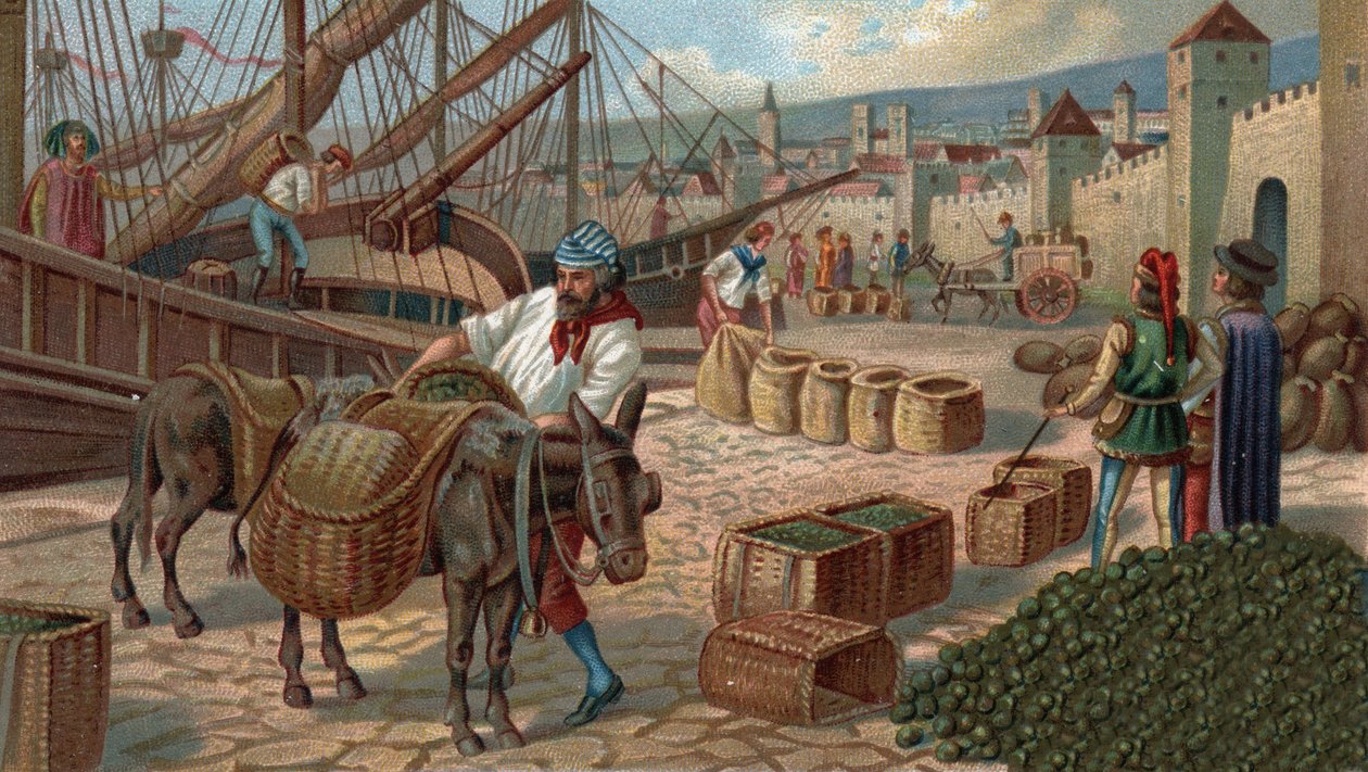 Anciens centres commerciaux : transport de figues à Marseille au Moyen Âge. Chromolithographie de la fin du XIXe siècle - Unknown artist