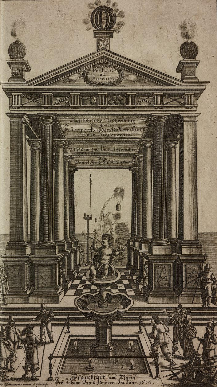 Fontaine avec chérubin et temple, gravure, frontispice du Grand Art d