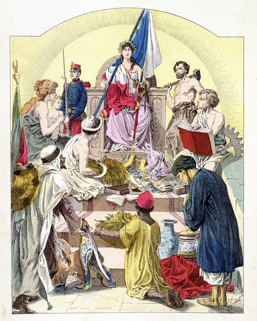 La France, sous les traits de Marianne, entourée de ses colonies personnifiées - dans « Histoire de France » par E. Grobet, vers 1915 - Unknown artist