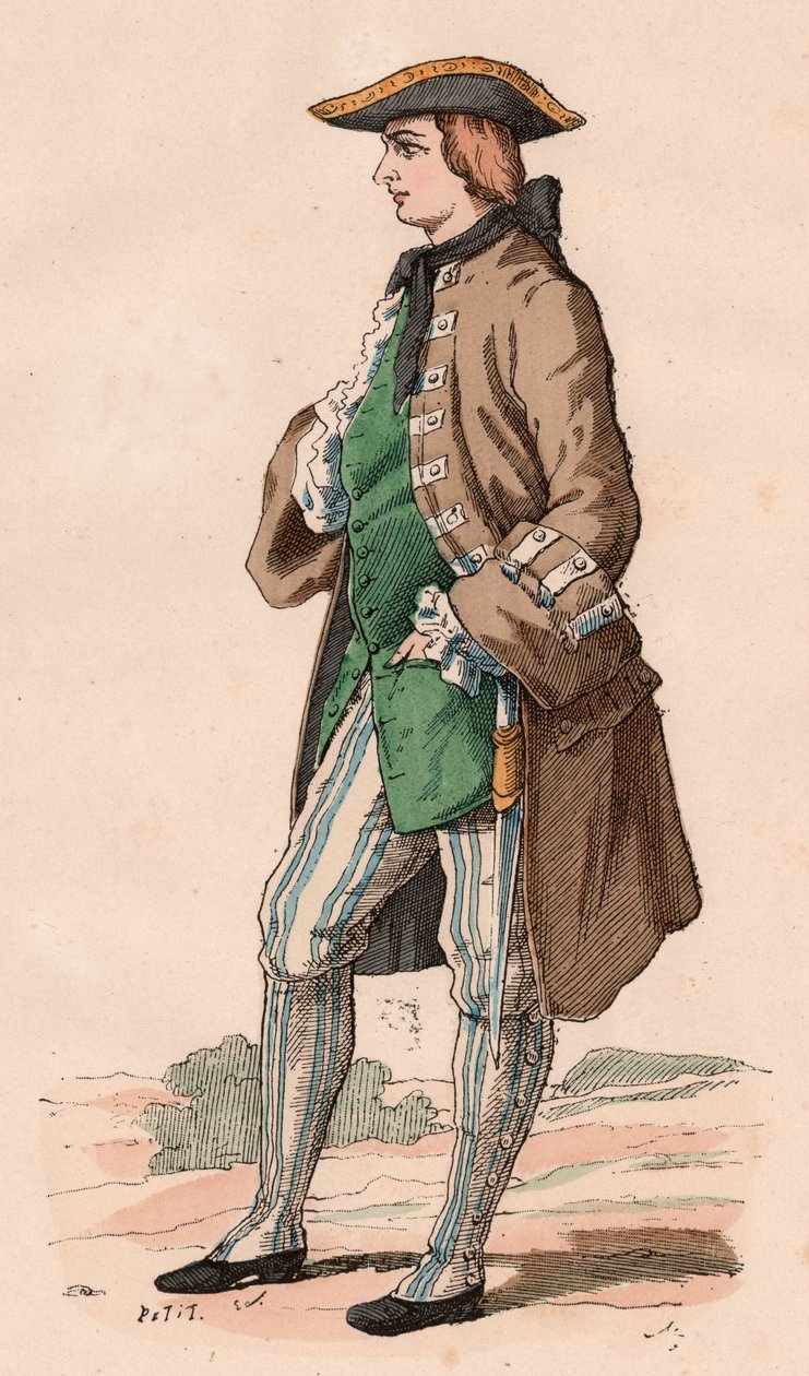 Gentilhomme français en costume de chasse, portant manteau, gilet et chapeau tricorne avec une dague à son côté pendant le XVIIIe siècle (gravure en couleur) - Unknown