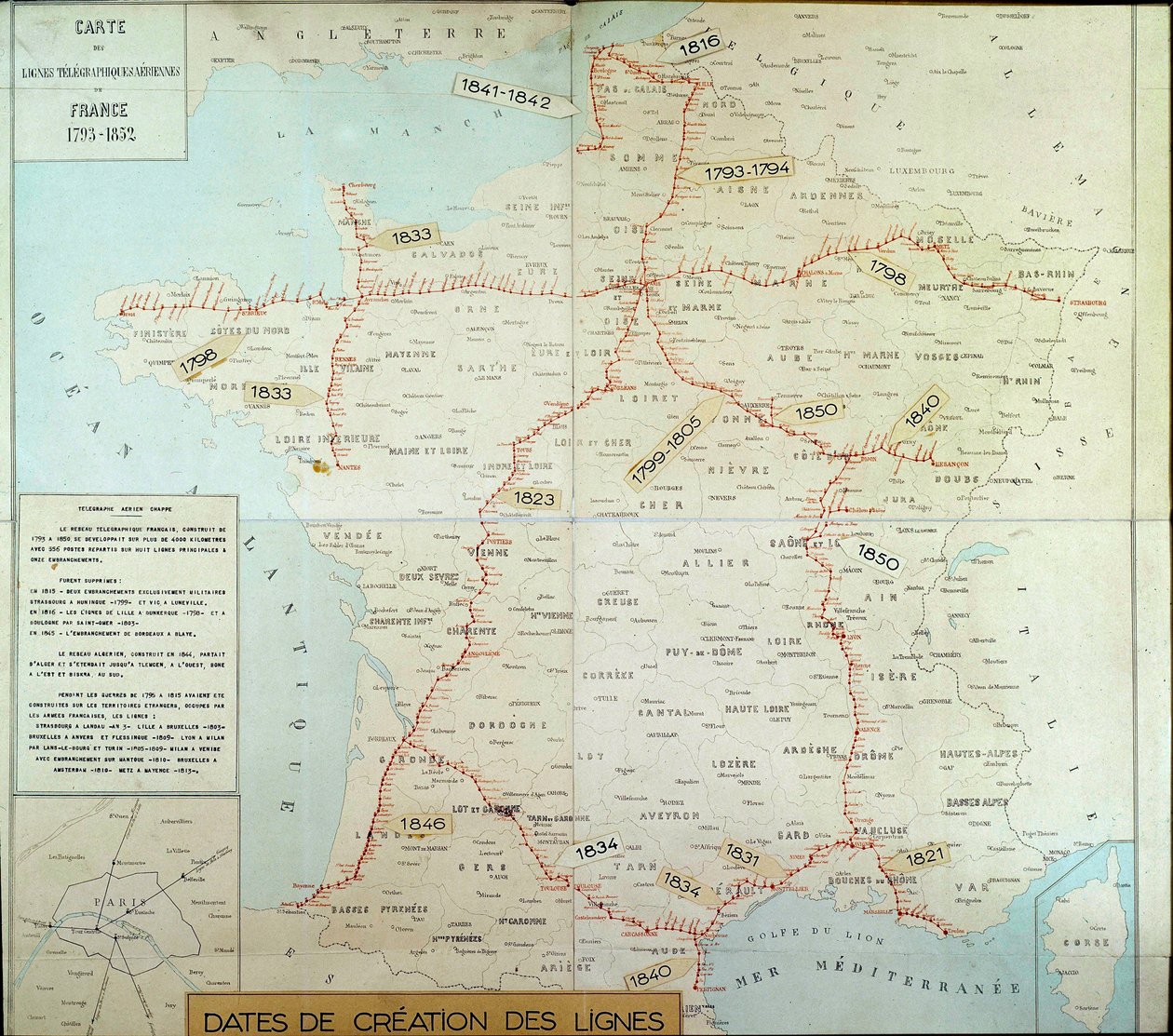 Carte géographique française montrant les lignes télégraphiques aériennes