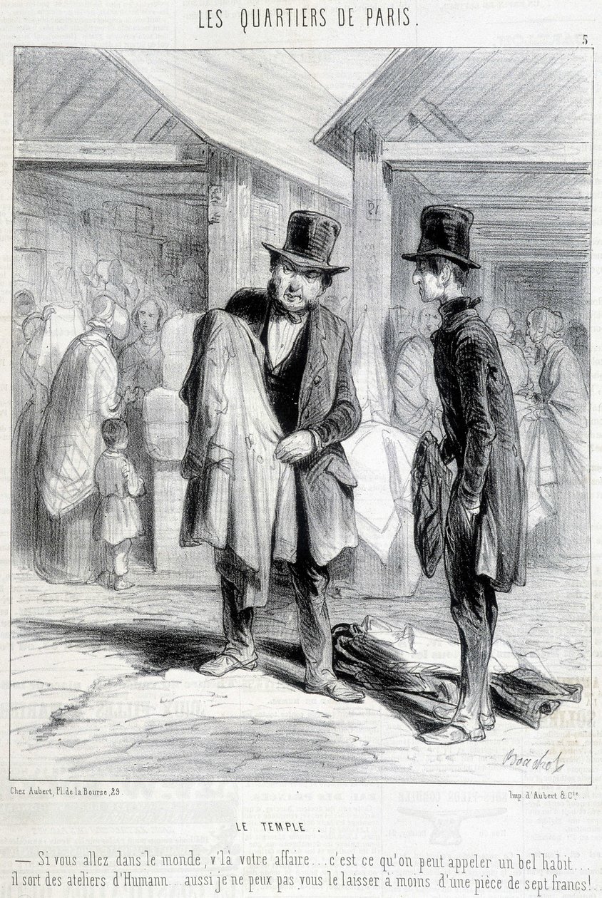 Fripier du quartier du temple à Paris essayant de vendre des vêtements à un homme. Gravure du 19e siècle. - Unknown artist