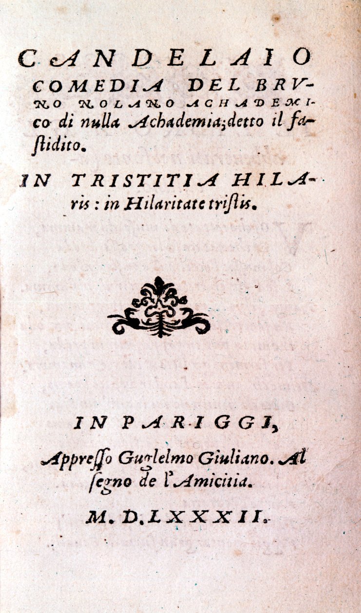 Frontispice de « Il candelaio » de Giordano Bruno, philosophe et théologien italien. 1582 - Unknown artist