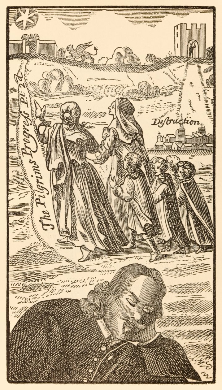 Frontispice de la deuxième partie de Le Voyage du pèlerin de ce monde à celui qui est à venir par John Bunyan (1628-1688) montrant l