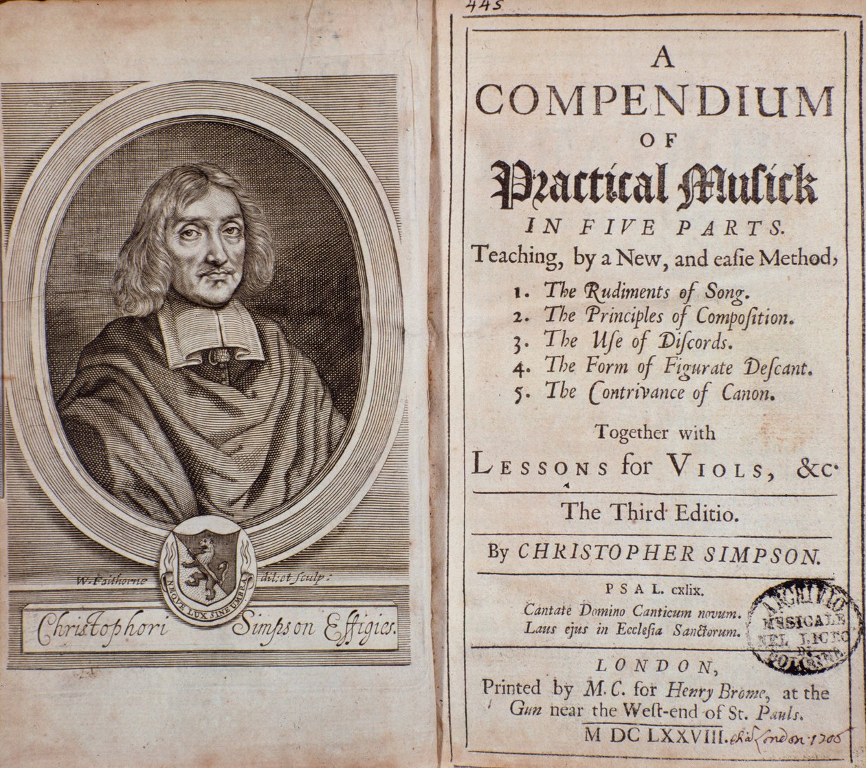 Frontispice de Compendium de musique pratique en cinq parties avec leçons de viole de gambe par Cristopher Simpson - Unknown artist