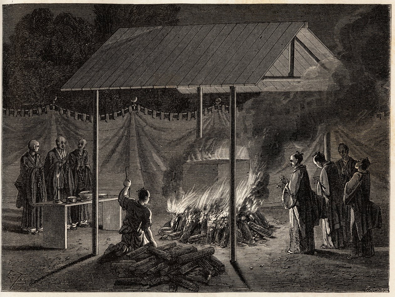 Cérémonies funéraires : incinération rituelle. Gravure pour illustrer le voyage au Japon en 1863-1864, par Aimé Humbert, ministre de la Confédération suisse, dans « Le tour du monde, nouveau journal des voyages », publié sous la direction d