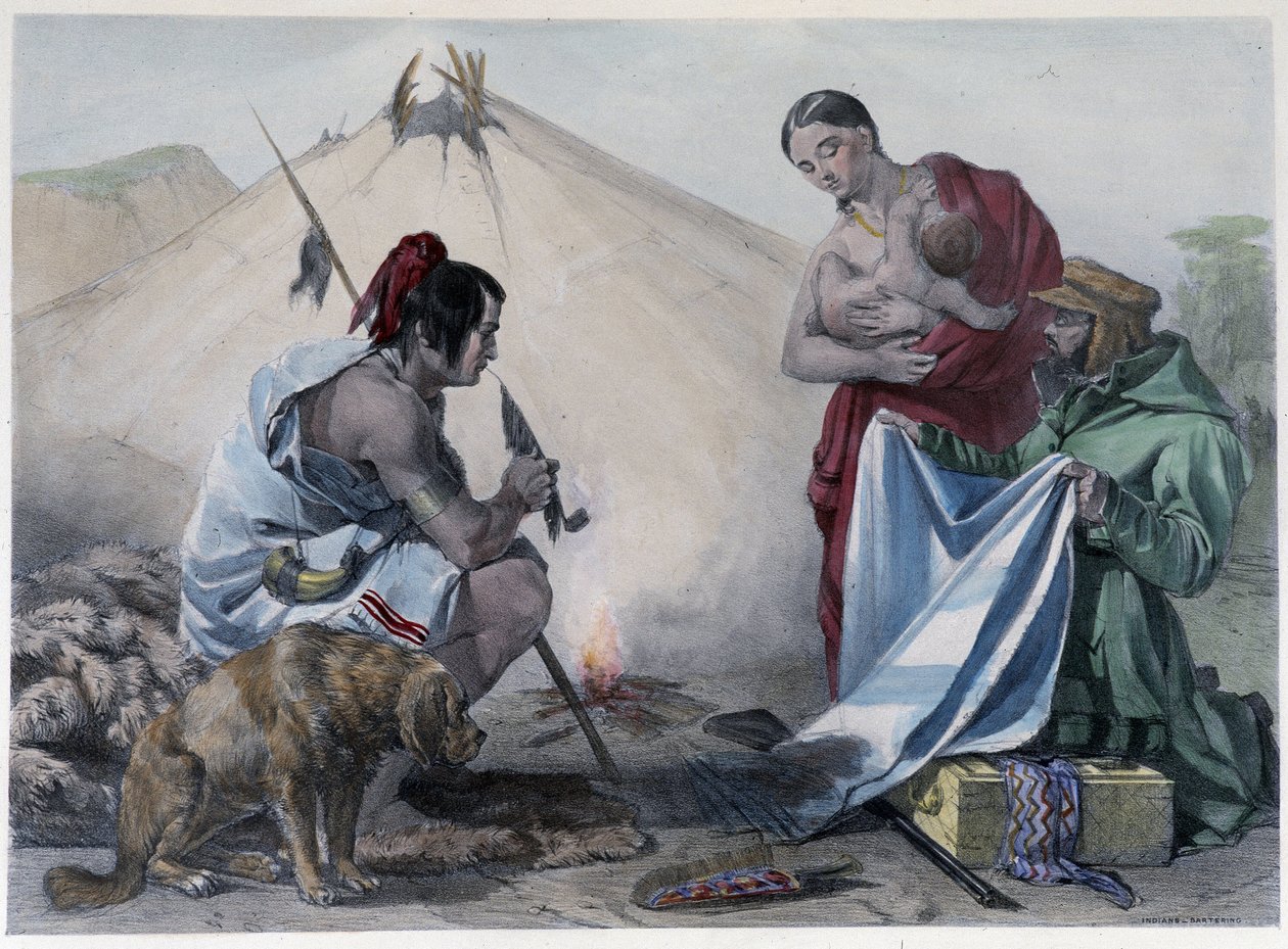 Échange de fourrure contre du tissu entre les Indiens Hurons canadiens et un homme blanc - Unknown artist