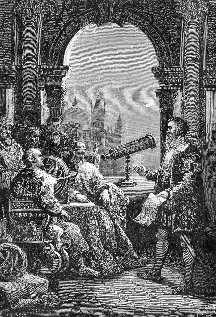 Galileo Galilei (Galilée) présentant la première lunette astronomique au Doge de Venise. - Unknown artist