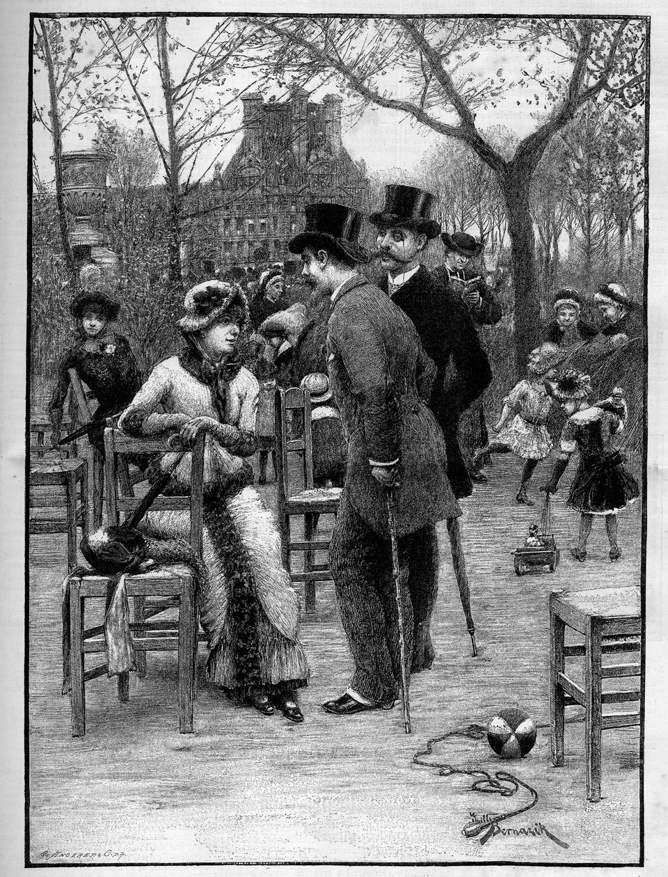 Conversation galante entre deux hommes et une jeune femme, tous très élégants, au Jardin des Tuileries à Paris pendant l