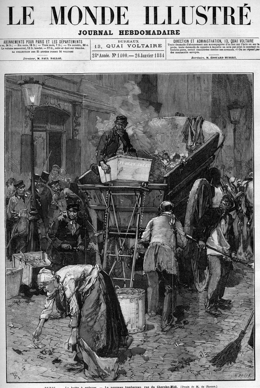 Poubelle, le nouveau camion rue du Cherche-Midi à Paris. Hommes et femmes ramassant les déchets dans une rue de Paris pour les mettre dans une charrette, nettoyant ainsi la ville. Gravure dans "Le Monde Illustré" - Unknown artist