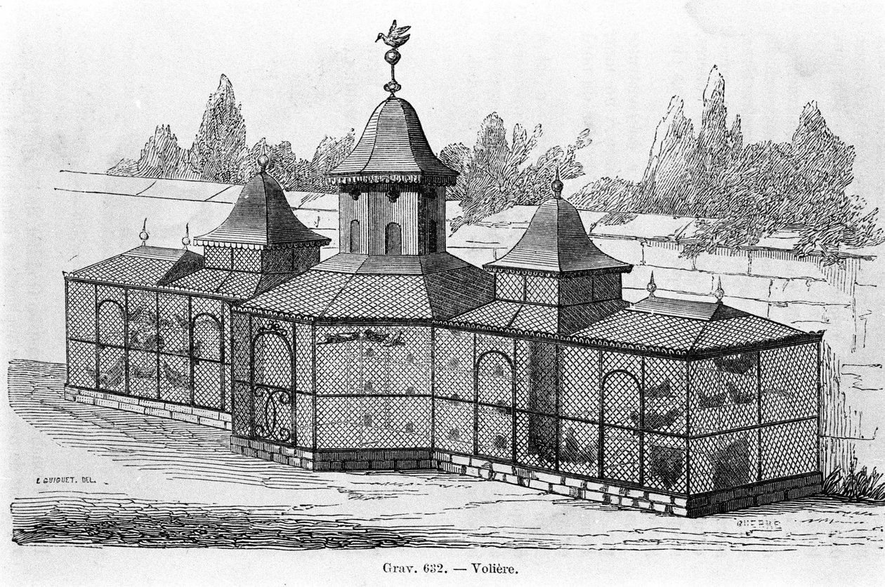 Volière de jardin. Gravure du 19e siècle. - Unknown artist