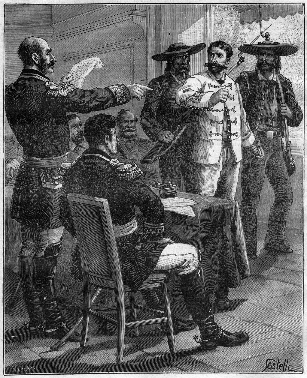 Gaston de Raousset-Boulbon (Raousset Boulbon) (Gaston Raoulx Boulbon) 1817-1854 traduit devant un conseil de guerre, en 1854 au Mexique - gravure de 1888 - Unknown artist