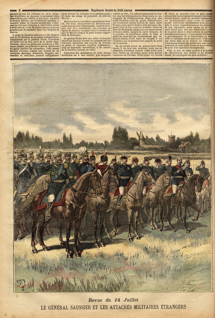 Général Félix Gustave Saussier (1828-1905), gouverneur militaire de Paris depuis 1884, entouré de liens militaires étrangers, passant en revue les troupes lors du défilé du 14 juillet 1891 dans la plaine du Bois de Boulogne. Gravure dans « Le petit journal - Unknown artist