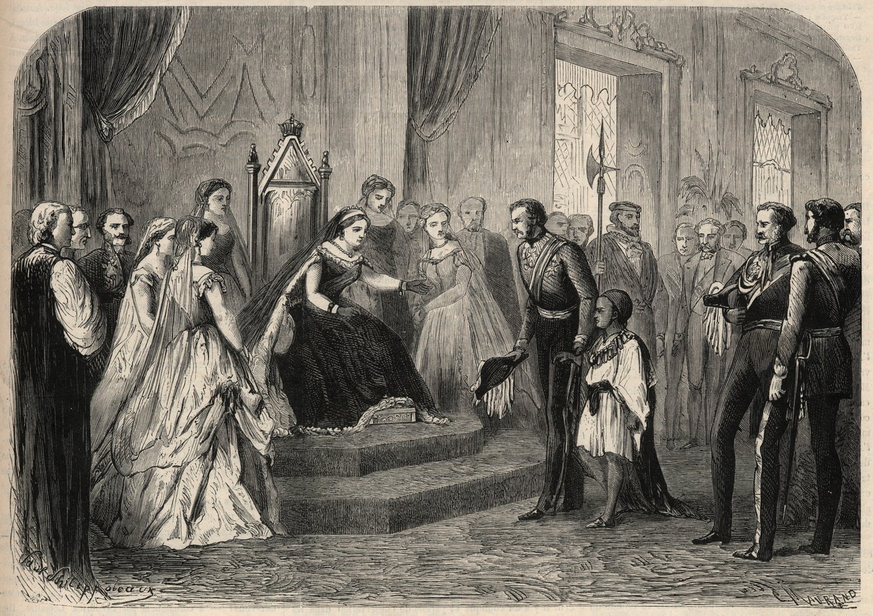 Le général Robert Cornelis Napier (1810-1890) présente Leul Alemayehou Tewodros (1861-1879), fils du négus éthiopien Théodoros II, à la reine Victoria. Gravure dans L
