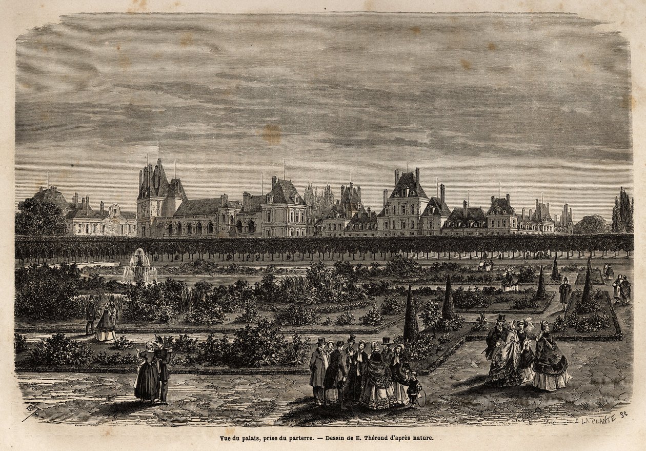 Vue générale du palais et des jardins de Fontainebleau, prise du sol. Gravure pour illustrer une description du château et de la forêt de Fontainebleau, en 1867, par M. Pays, dans « Le tour du monde, nouveau journal des voyages » publié sous la direction d - Unknown artist