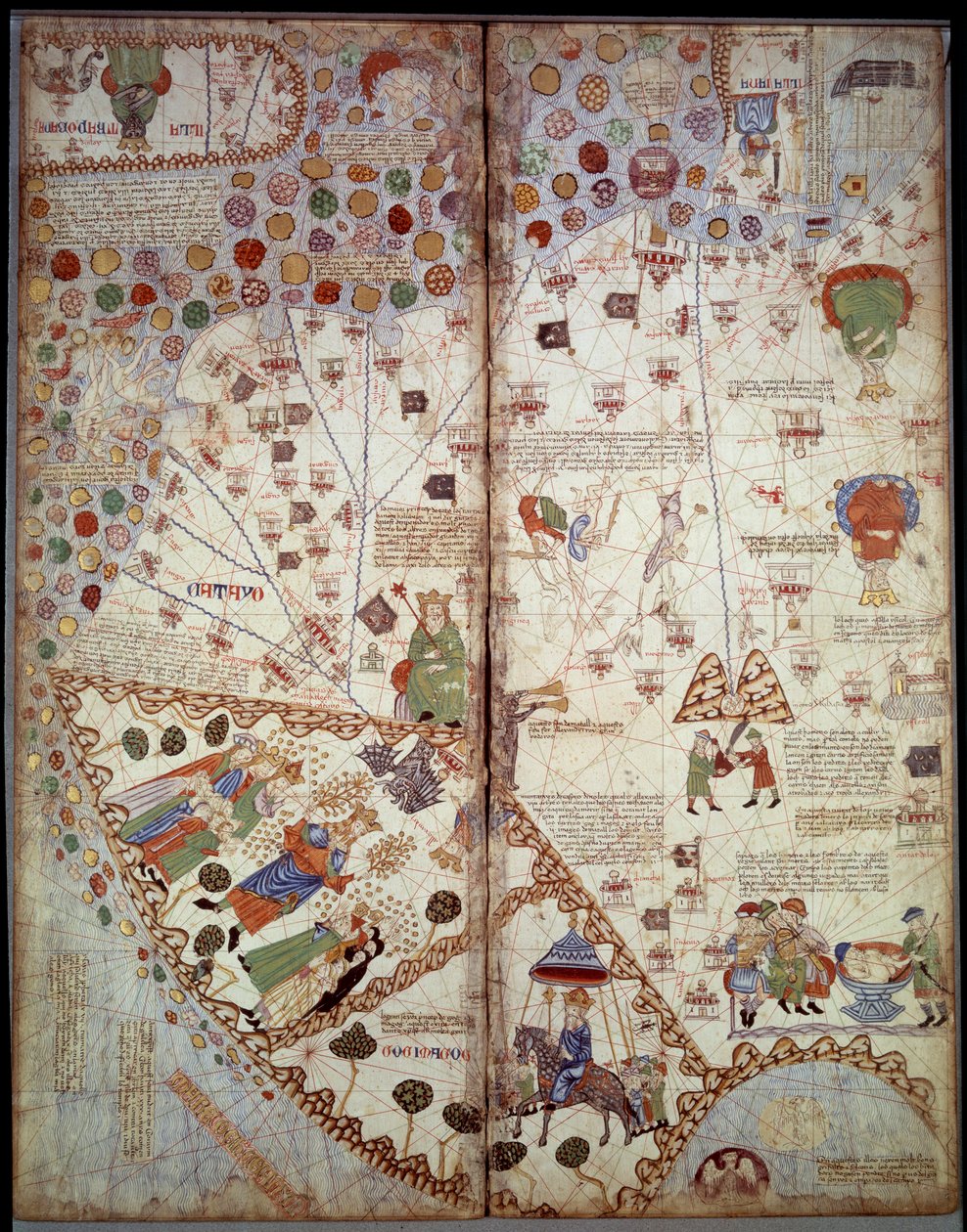 Carte géographique : Chine, vallée du Gange, Sumatra, Ceylan. Atlas catalan (carte catalane) (Espagne). Manuscrit de 1375 (Folio 2v - folio 3) par Abraham Cresques. BN, Paris - Unknown artist