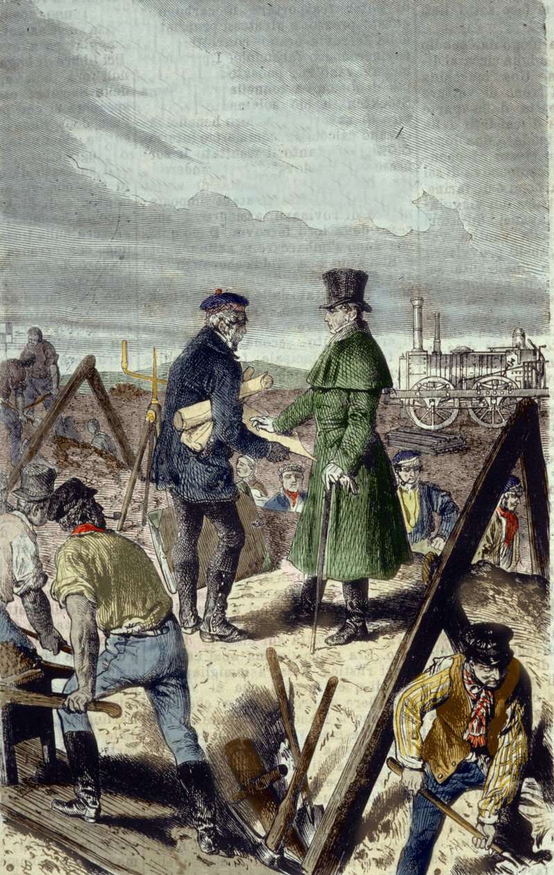 Georges Stephenson (1781-1848), ingénieur anglais, constructeur de la route Liverpool-Manchester avec sa première locomotive. - Unknown artist