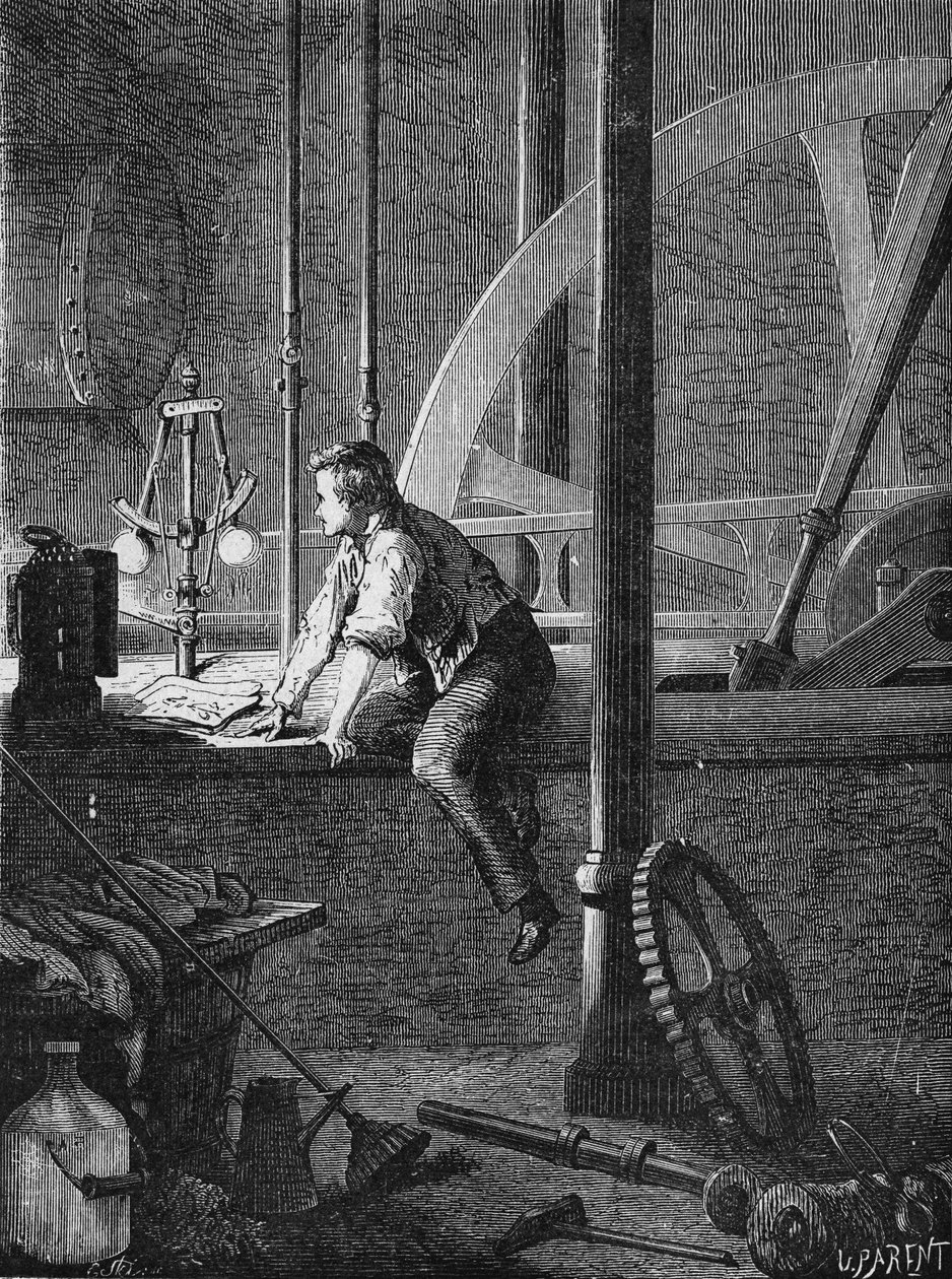 Georges Stephenson, un conducteur à Newcastle, démonte et répare sa machine à vapeur. Dans « Album de la Science », Éditions Jouvet - Unknown artist