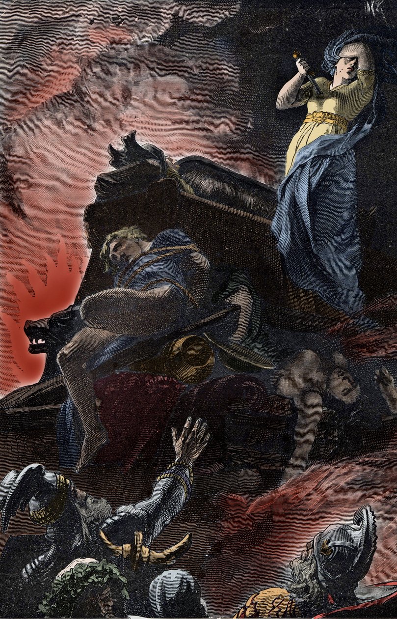 Sacrifice funéraire allemand - Rite funéraire, âge du fer, Allemagne : Sacrifice de la femme sur le bûcher funéraire de son mari - Unknown artist